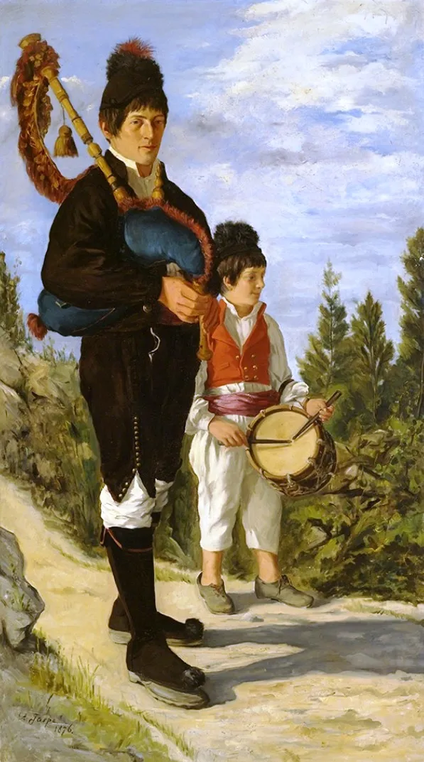 O gaiteiro (1876) by Antonio María Jaspe Moscoso — original painting reproduced as a hand-painted oil on canvas