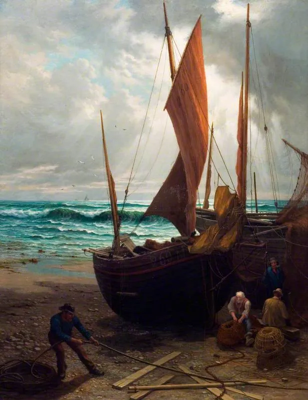 Off the Brighton Coast: Smacks Ashore (1882) by Arnold Helcke — original painting reproduced as a hand-painted oil on canvas