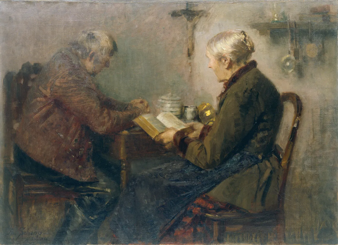 Old Farm Couple at Table by Auguste Schepp — original painting reproduced as a hand-painted oil on canvas