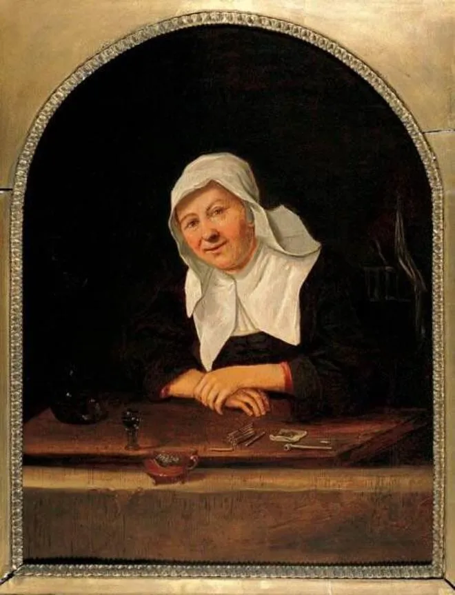 Old woman sitting at a table (1669) by Anthonie Hals — original painting reproduced as a hand-painted oil on canvas