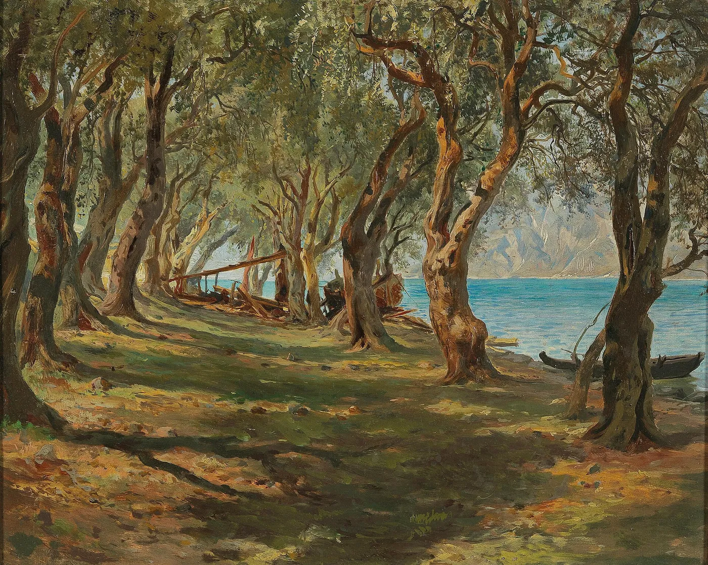 Olive Grove on Lake Garda (1895) by Carlo Brioschi — original painting reproduced as a hand-painted oil on canvas