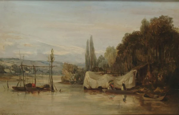 On a quiet river (1841) by Camille Flers — original painting reproduced as a hand-painted oil on canvas
