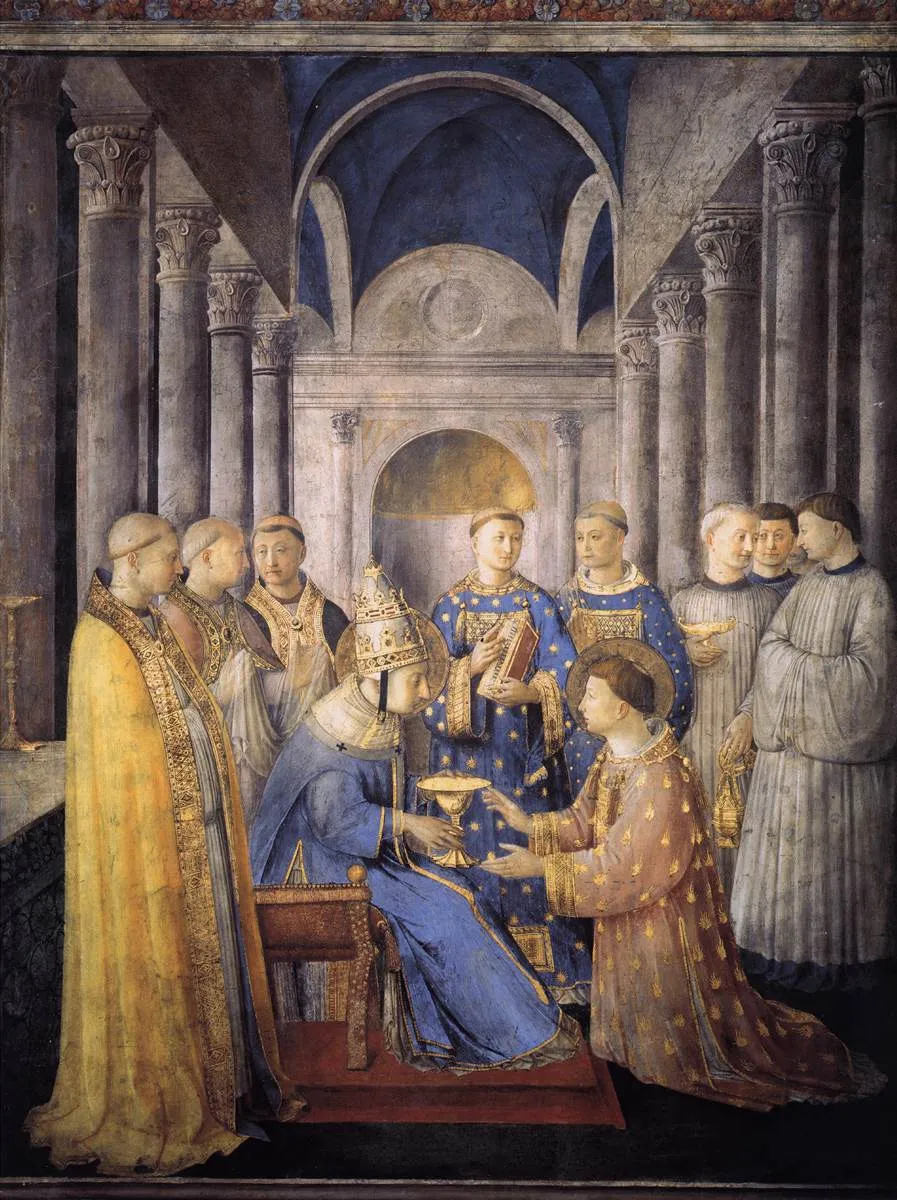 Ordination of St Laurence (1447) by Fra Angelico — original painting reproduced as a hand-painted oil on canvas