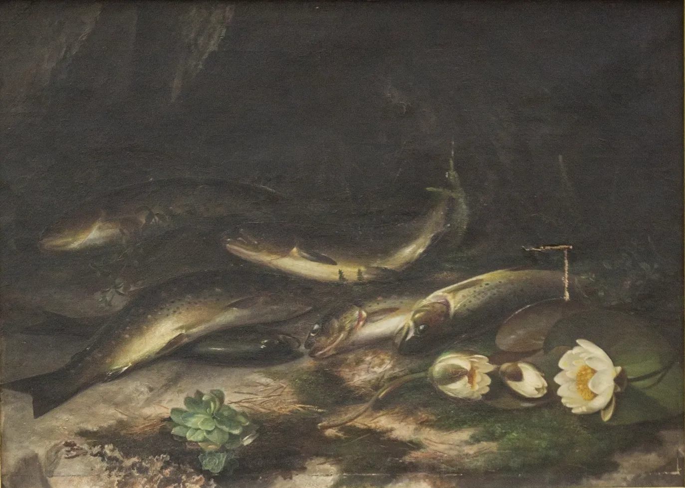 Ørret og vannliljer (1888) by Andreas Vogelsang Dircks — original painting reproduced as a hand-painted oil on canvas