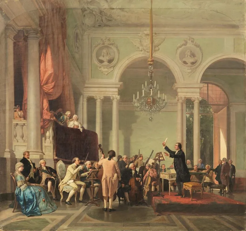 Paisiello who stages his opera La Serva Padrona before Catherine II of Russia (1872) by Annibale Gatti — original painting reproduced as a hand-painted oil on canvas