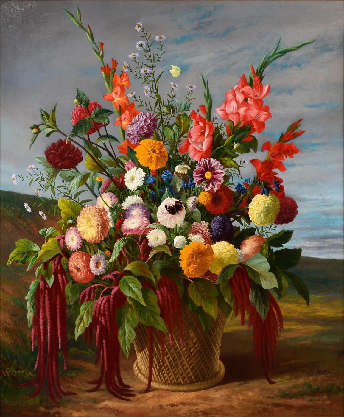 Panier de fleurs au papillon (1850) by Armand Budan — original painting reproduced as a hand-painted oil on canvas