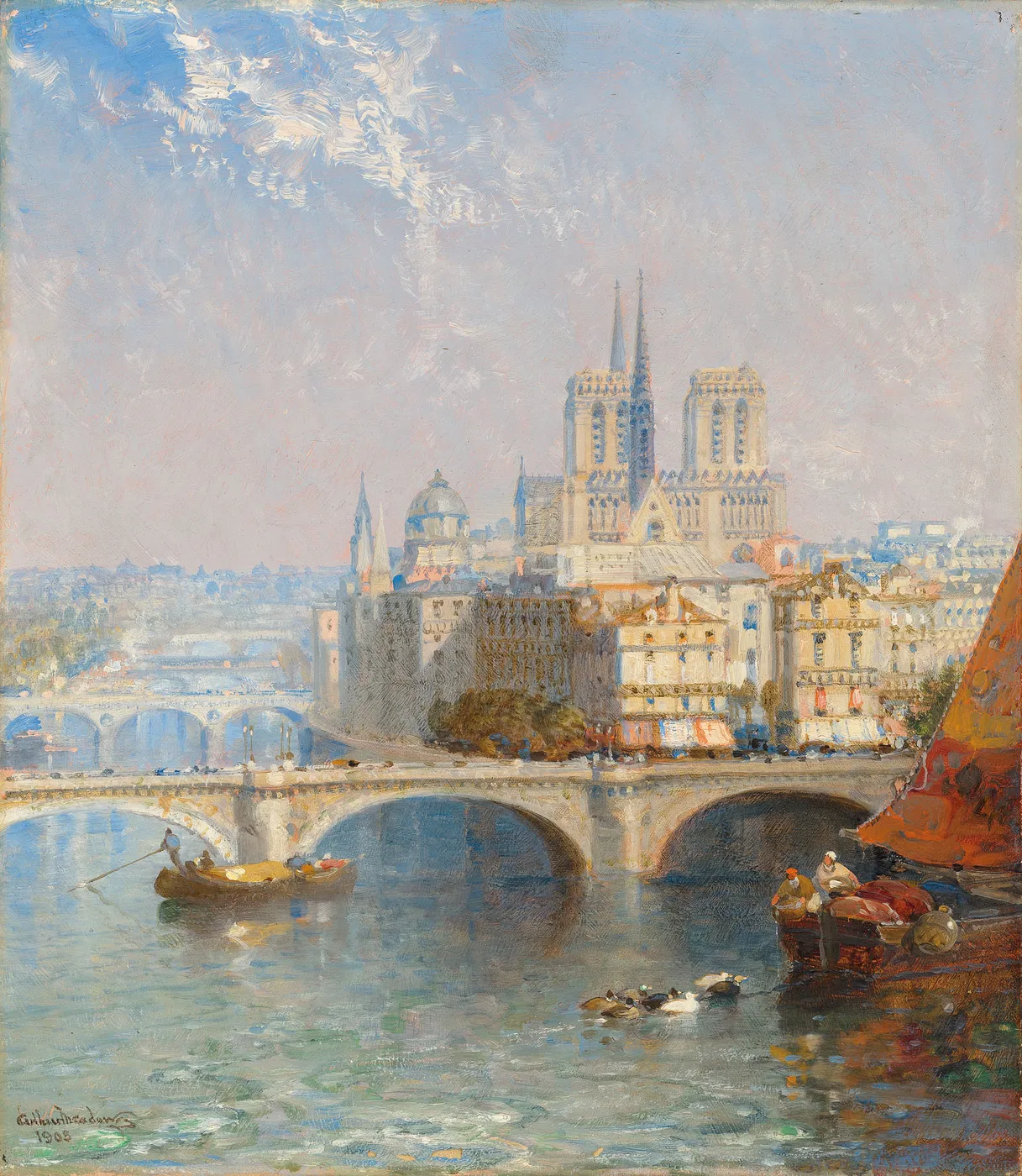 Paris with Notre Dame by Arthur Joseph Meadows — original painting reproduced as a hand-painted oil on canvas