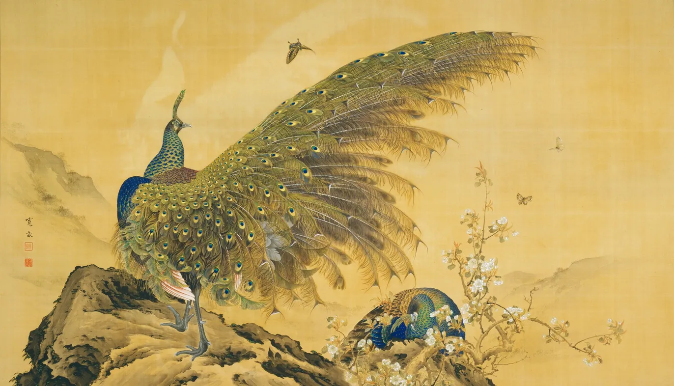 Peacocks (1890) by Araki Kanpo — original painting reproduced as a hand-painted oil on canvas