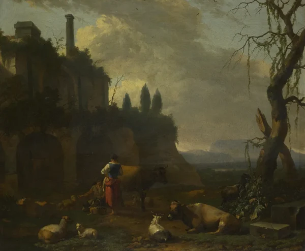 Peasants with Cattle by a Ruin (1665) by Abraham Begeyn — original painting reproduced as a hand-painted oil on canvas