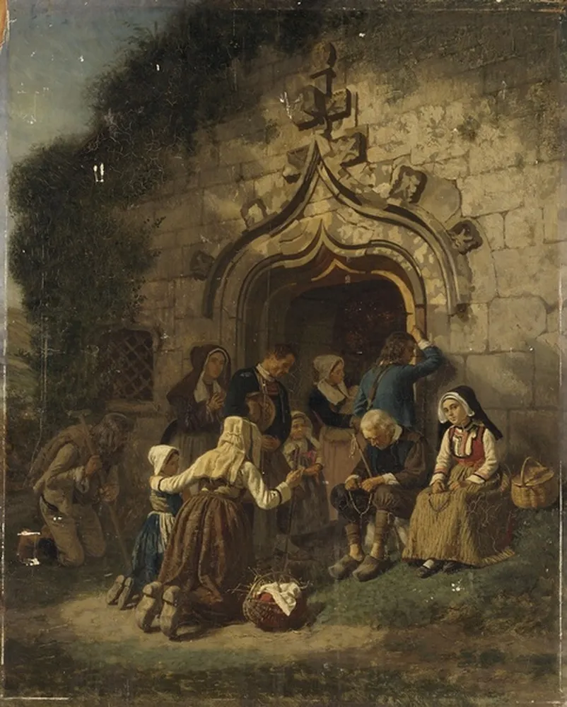 Pendant les vêpres (Morbihan) (1855) by Charles Fortin — original painting reproduced as a hand-painted oil on canvas