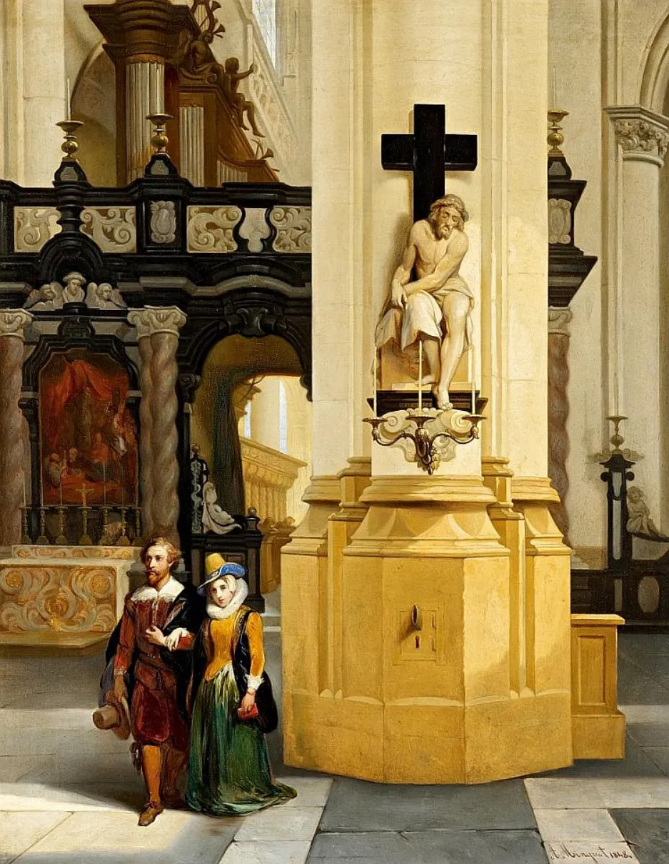 Peter Paul Rubens with his wife in the St. James Church of Antwerp (1848) by André-Joseph Minguet — original painting reproduced as a hand-painted oil on canvas