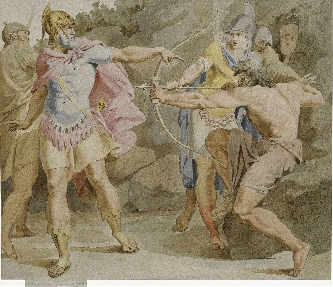 Philoctetes aiming the bow of Hercules at Odysseus (1790) by Asmus Jacob Carstens — original painting reproduced as a hand-painted oil on canvas