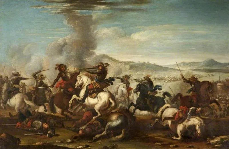 Pitched Battle Scene (1700) by Antonio Calza — original painting reproduced as a hand-painted oil on canvas