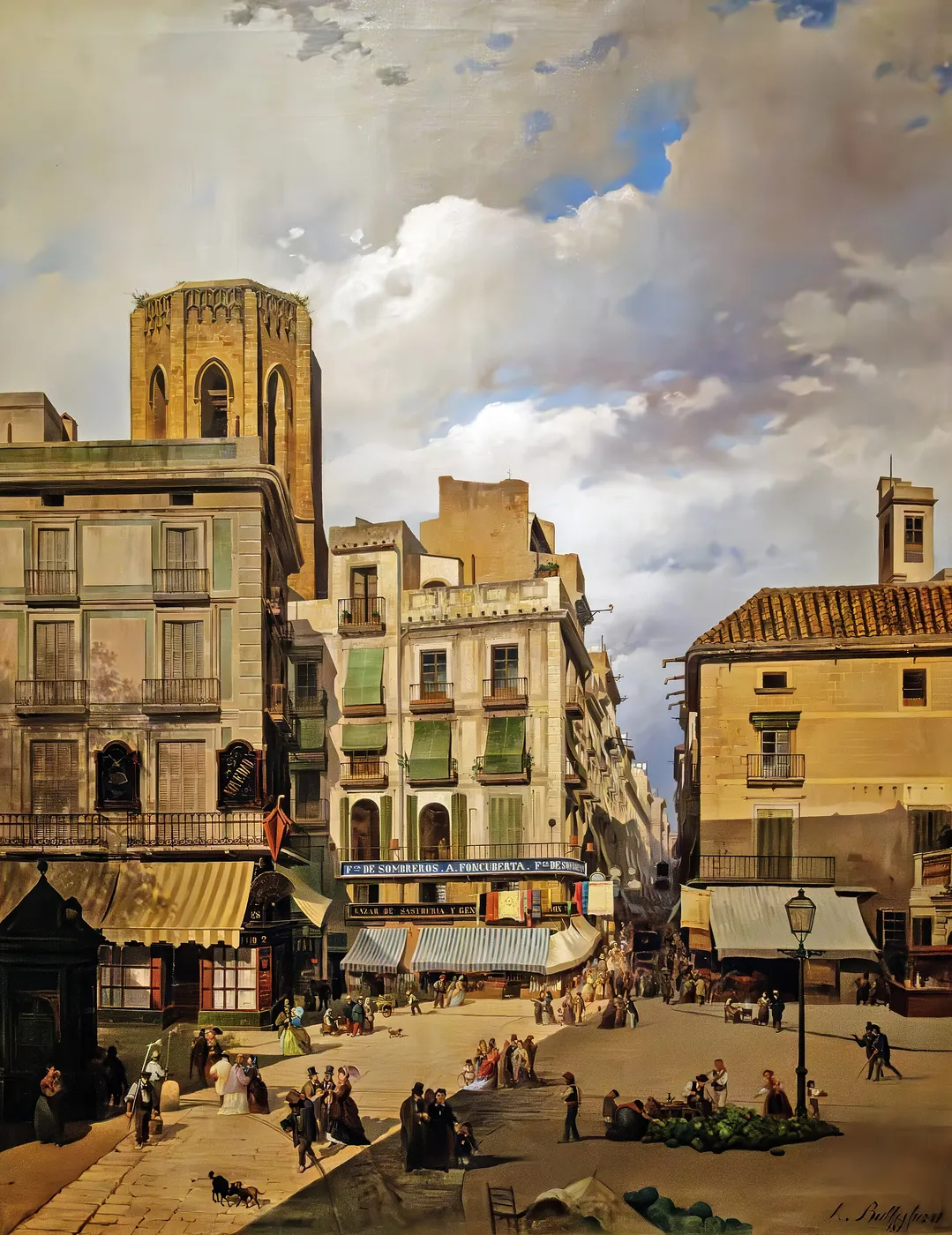 Pla de la Boqueria (1873) by Achille Battistuzzi — original painting reproduced as a hand-painted oil on canvas