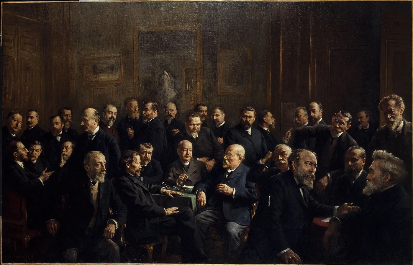 Portrait collectif des membres de l’Association des journalistes républicains Français (1907) by Adolphe Henri Laissement — original painting reproduced as a hand-painted oil on canvas