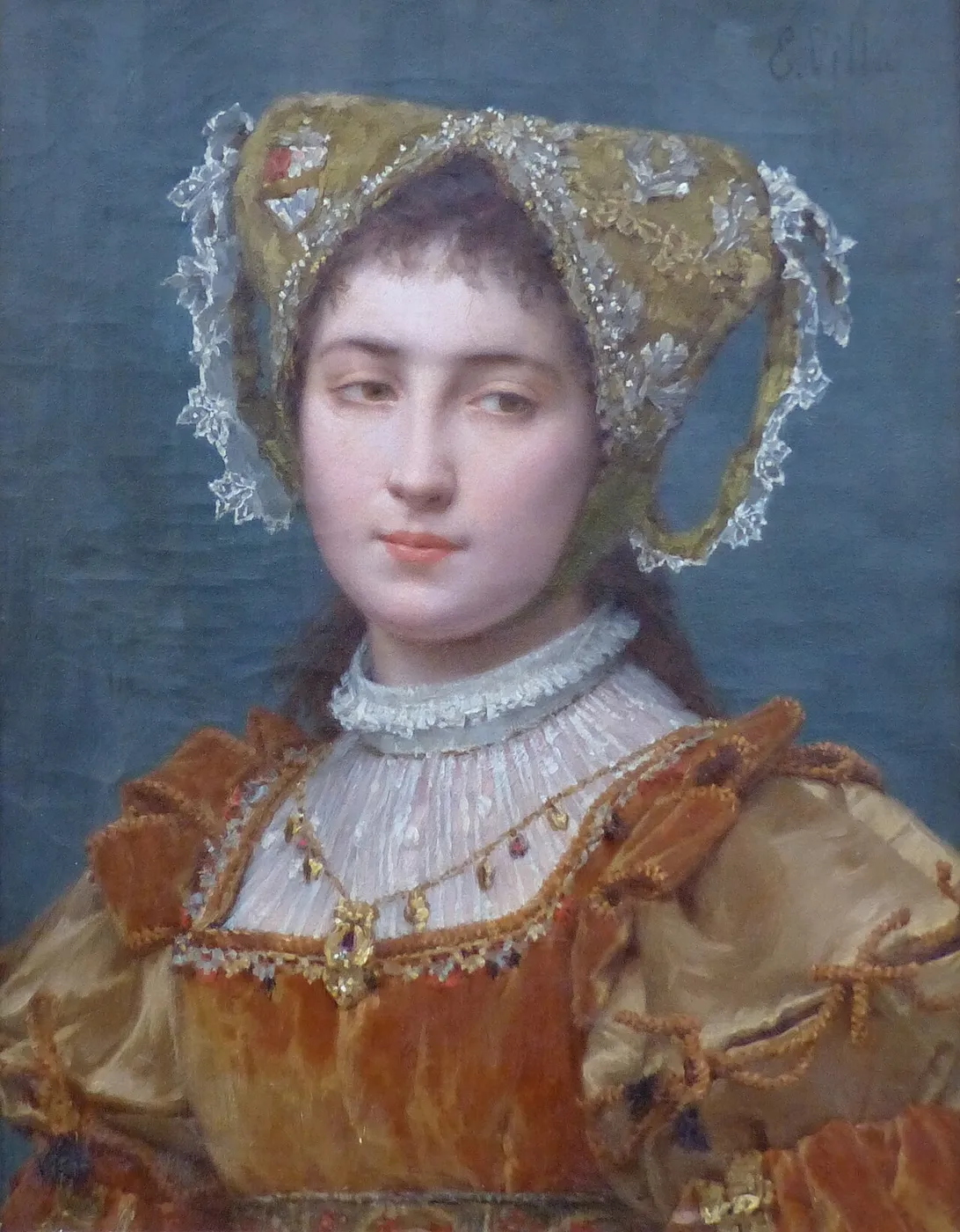 Portrait d’une dame (1880) by Émile Villa — original painting reproduced as a hand-painted oil on canvas