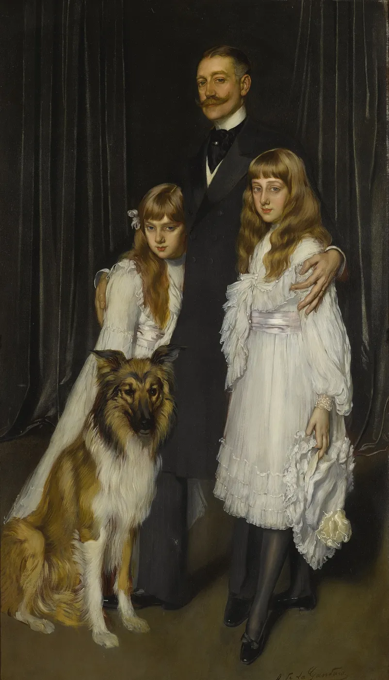 Portrait of a family with their collie (1904) by Antonio de La Gandara — original painting reproduced as a hand-painted oil on canvas