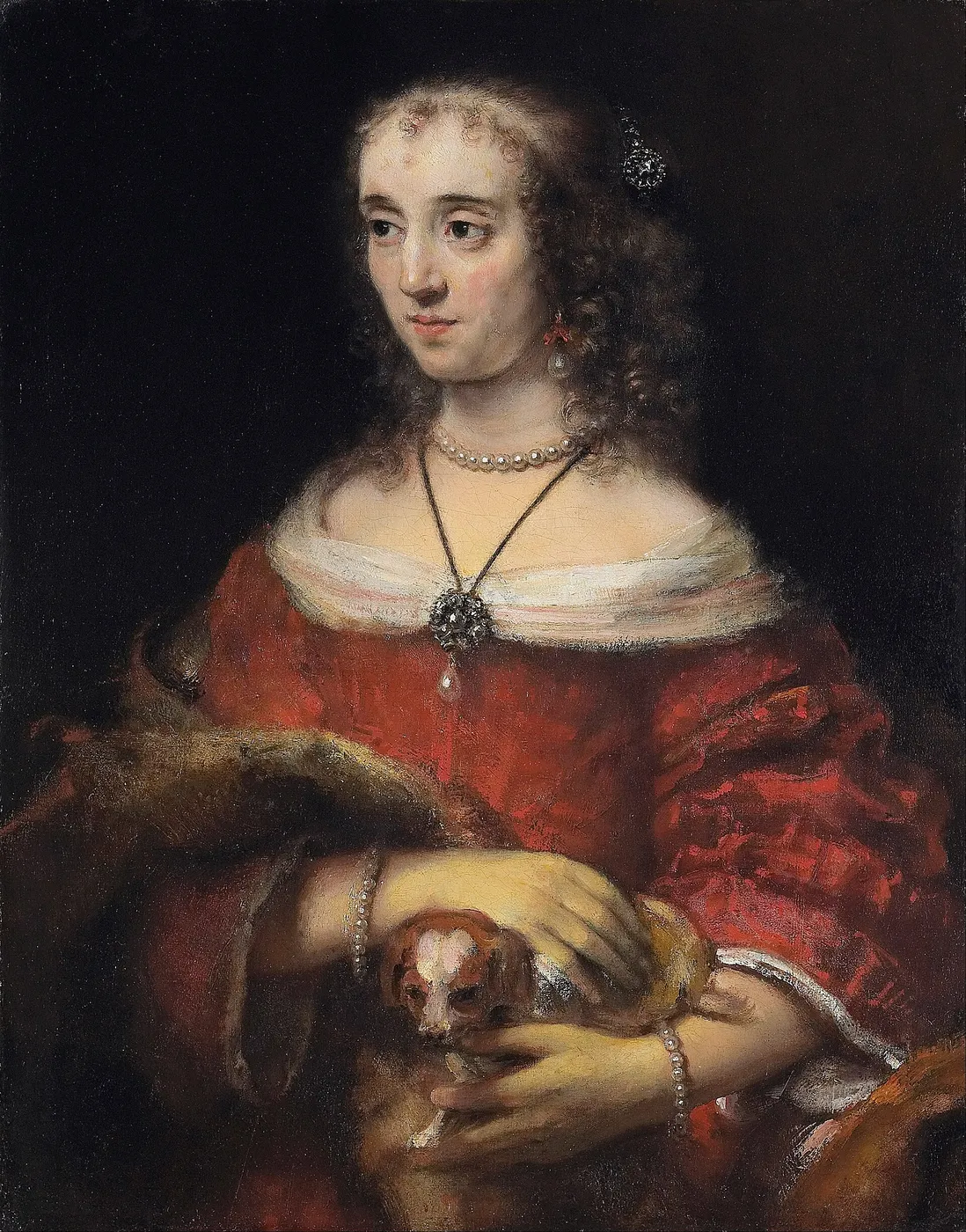 Portrait of a Lady with a Lap Dog (1665) by Rembrandt — original painting reproduced as a hand-painted oil on canvas