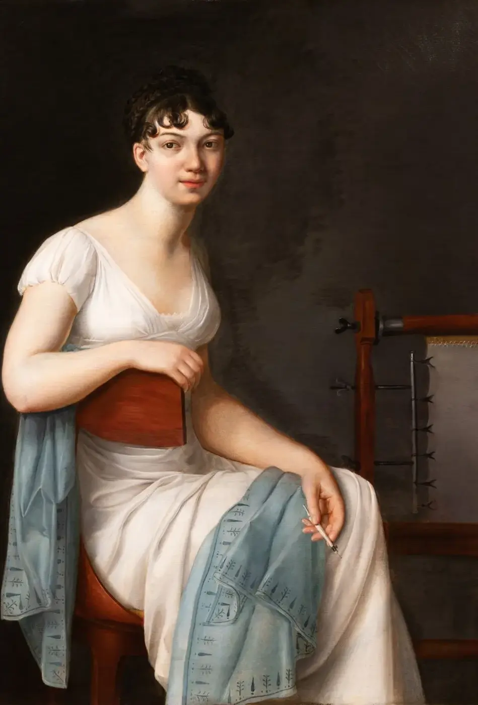 Portrait of a young woman weaving (1807) by Clémentine Creuzé — original painting reproduced as a hand-painted oil on canvas
