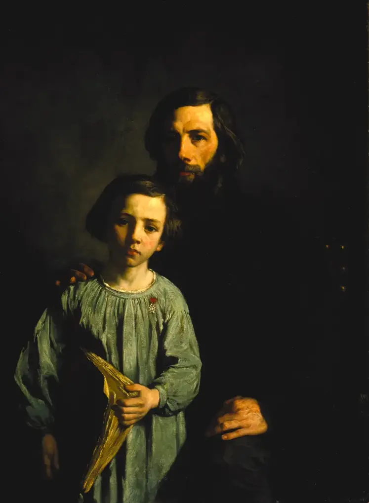 Portrait of an Artist and his Son (1854) by Charles Alexis Apoil — original painting reproduced as a hand-painted oil on canvas