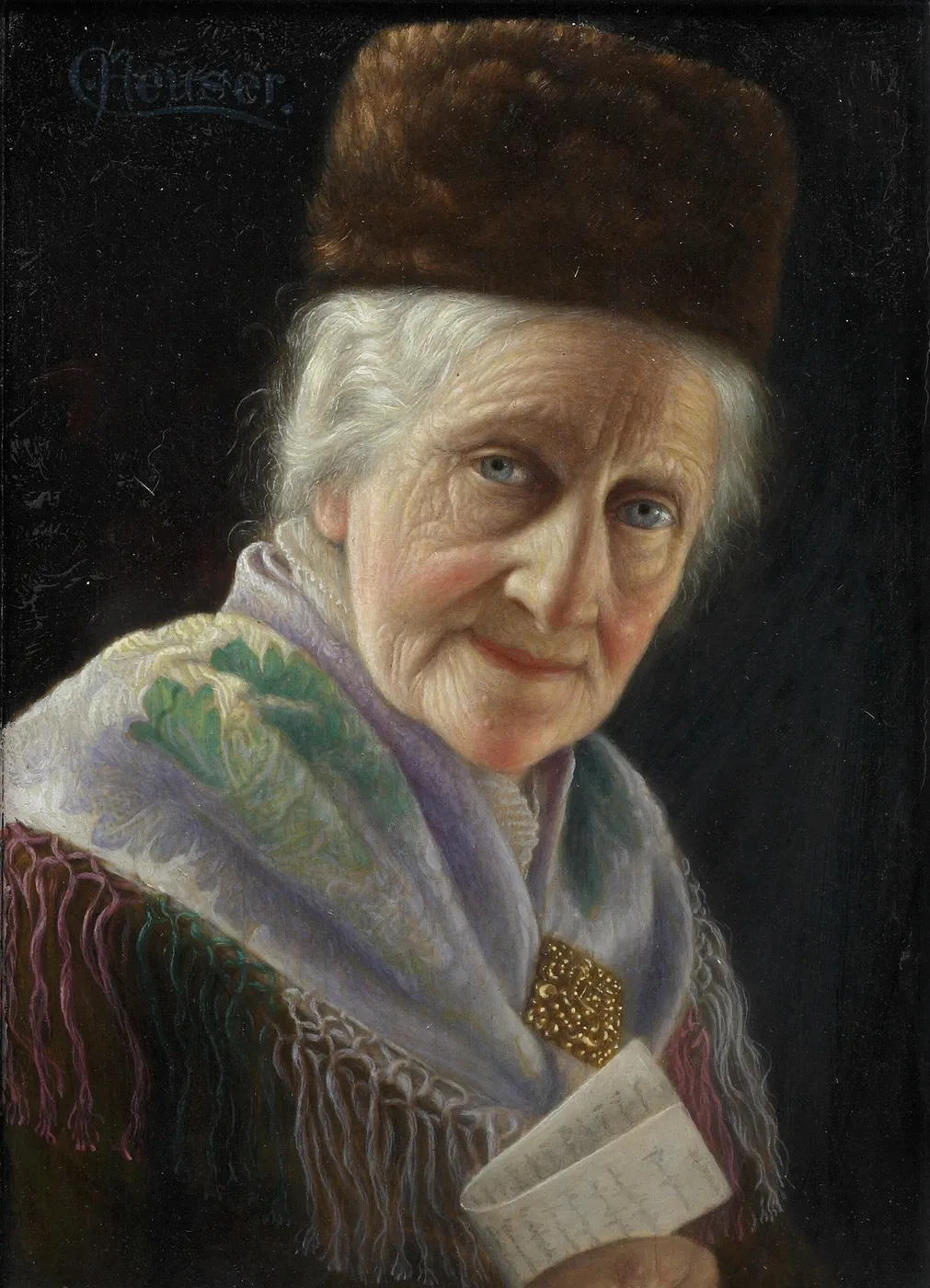 Portrait of an old lady with fur hat. (1892) by Carl Heuser — original painting reproduced as a hand-painted oil on canvas