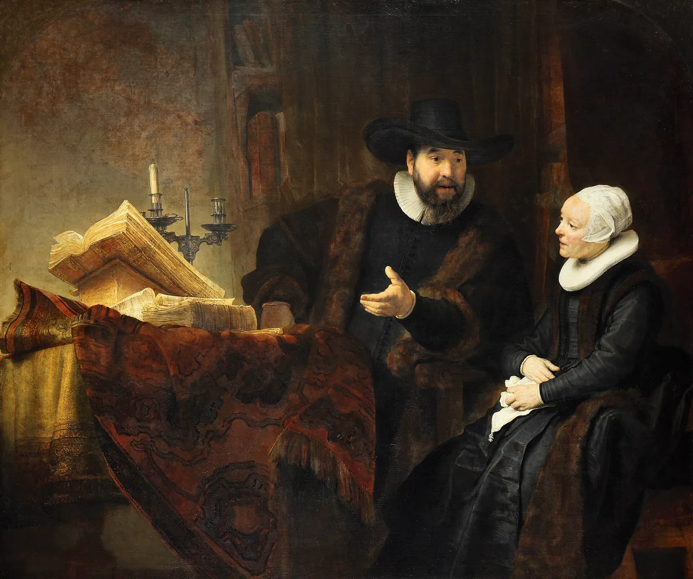 Portrait of Cornelis Claeszoon Anslo and his wife Aaltje Schouten (1641) by Rembrandt — original painting reproduced as a hand-painted oil on canvas