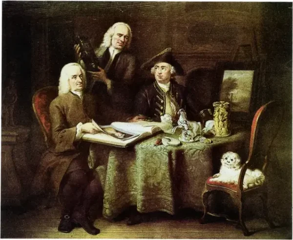 Portrait of Jan Bisschop (1680-1771), Pieter Bisschop (1691-1758) and Olivier van Vlierden Hope (1731-1783) (1753) by Aert Schouman — original painting reproduced as a hand-painted oil on canvas