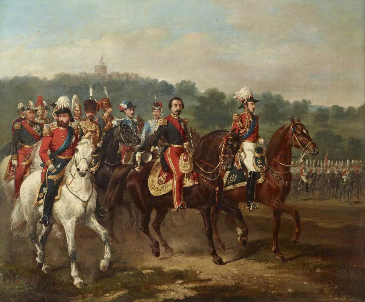Prince Albert, the Prince Consort (1819-1861) with the Emperor Napoleon III (1808-1873) and the First Life Guards at Windsor, 17 April 1855 (1855) by Alfred Frank de Prades — original painting reproduced as a hand-painted oil on canvas