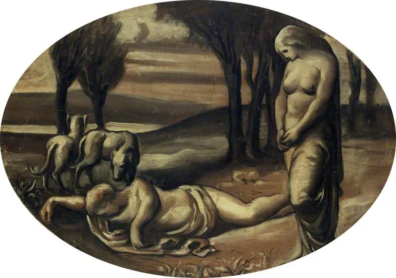 Pyramus and Thisbe (decorative panel) by Francis Wollaston Moody — original painting reproduced as a hand-painted oil on canvas