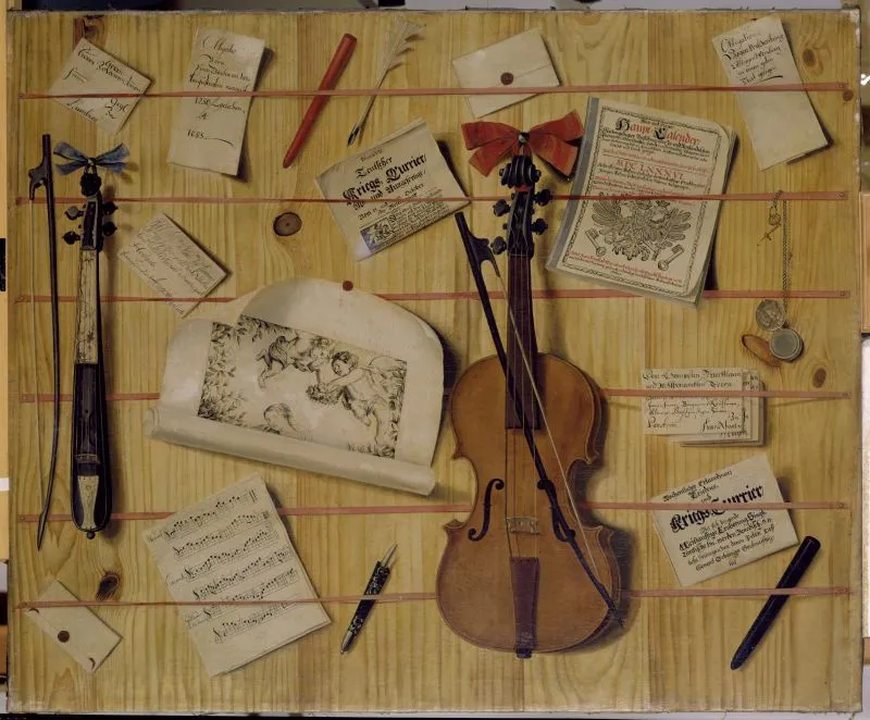 Quodlibet with violin and documents (1700) by Cornelis Biltius — original painting reproduced as a hand-painted oil on canvas