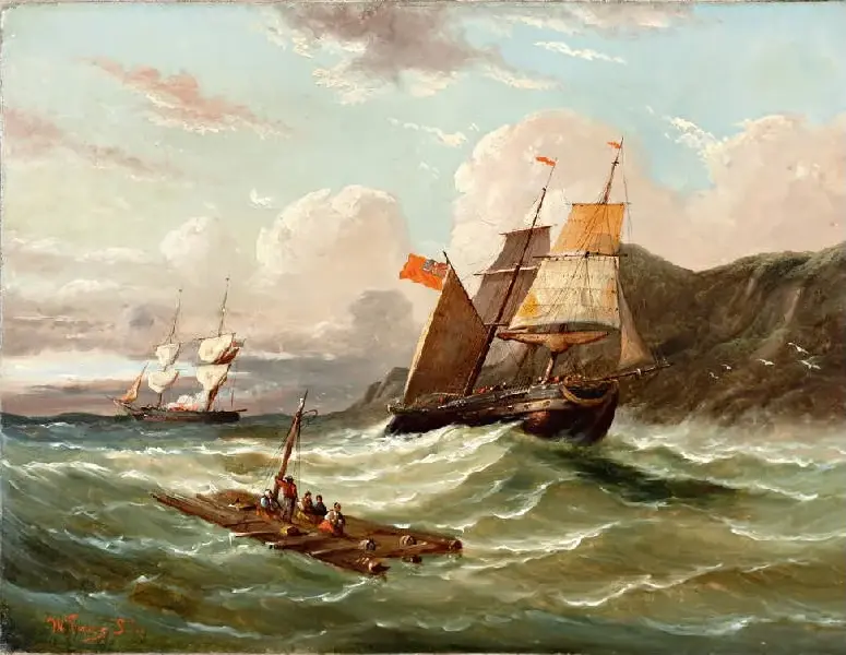 Raft and sailing ship near the coast — Egide Linnig