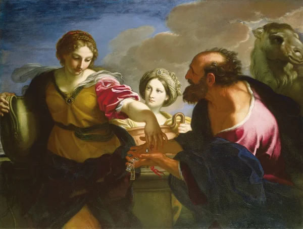 Rebecca and Eliezer at the Well (1655) by Carlo Maratta — original painting reproduced as a hand-painted oil on canvas