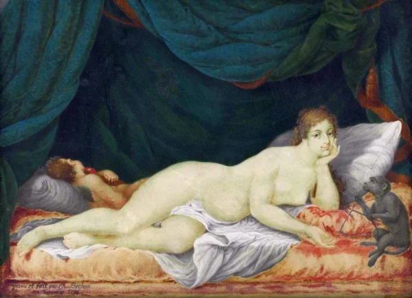 Reclining Venus with Cupid and a monkey (1796) by Charles Bechon — original painting reproduced as a hand-painted oil on canvas