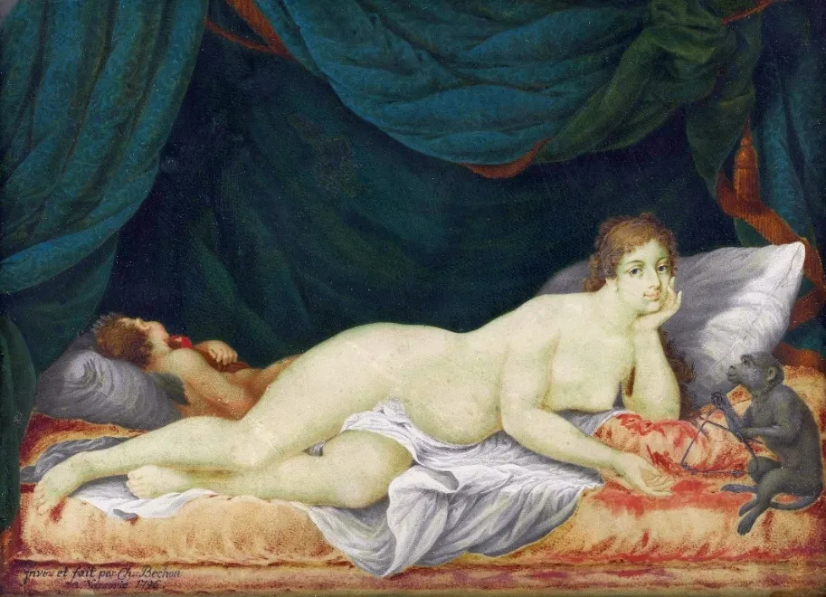 Reclining Venus with Cupid and a monkey (1796) by Charles Bechon — original painting reproduced as a hand-painted oil on canvas