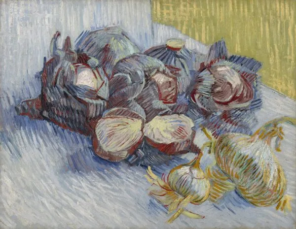 Red Cabbages and Garlic (1887) by Vincent van Gogh — original painting reproduced as a hand-painted oil on canvas