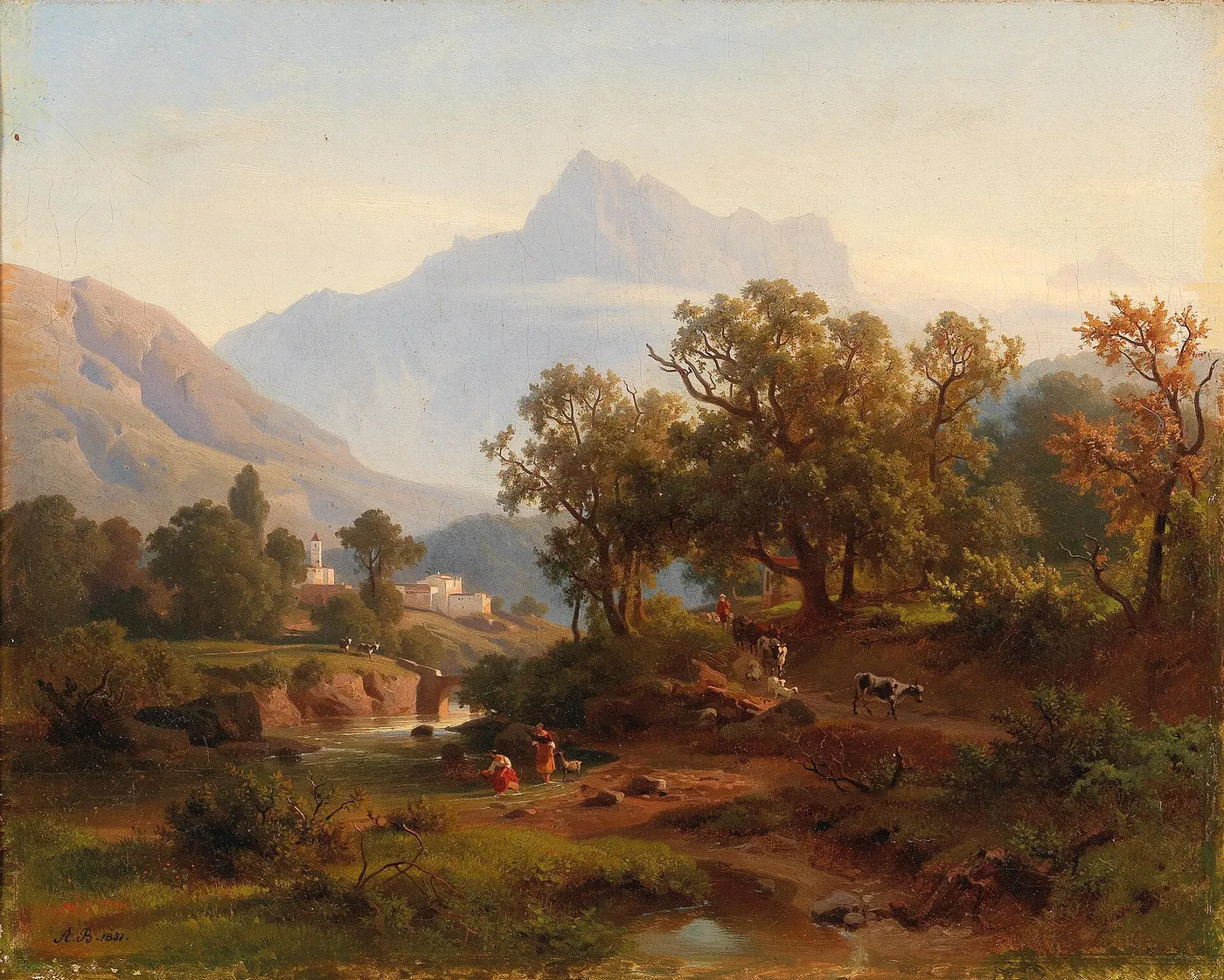 Region in South Tyrol–Landscape in the Morning Light (1851) by August Behrendsen — original painting reproduced as a hand-painted oil on canvas