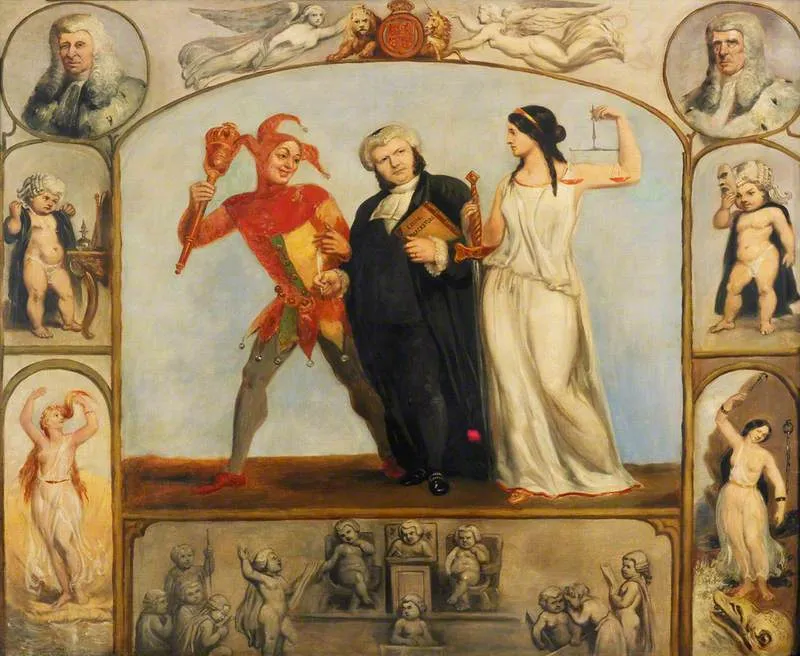 Renton Nicholson with Allegorical Scenes and Figures (1851) by Archibald Henning — original painting reproduced as a hand-painted oil on canvas
