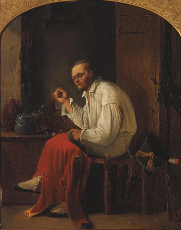 Repairing the uniform. (1857) by August Barlach — original painting reproduced as a hand-painted oil on canvas