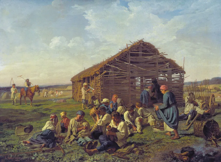 Rest At Haymaking (1861) by Alexander Ivanovich Morozov — original painting reproduced as a hand-painted oil on canvas