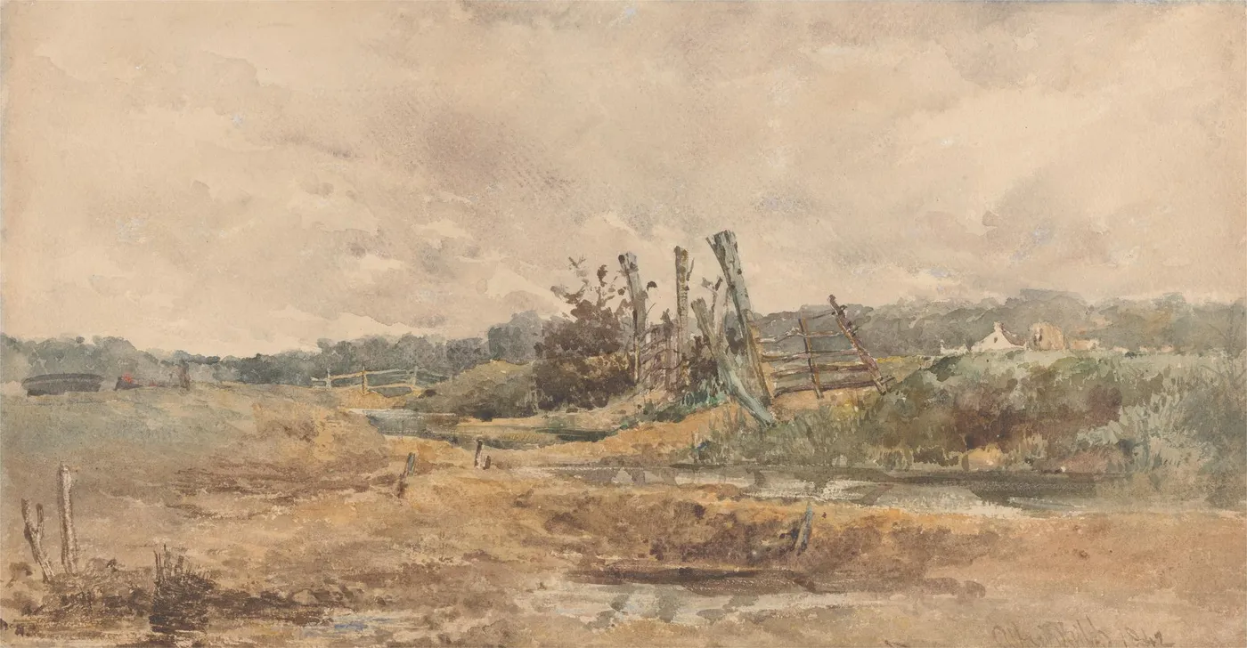 River Landscape (1842) by Alfred Downing Fripp — original watercolour reproduced as a hand-painted oil on canvas
