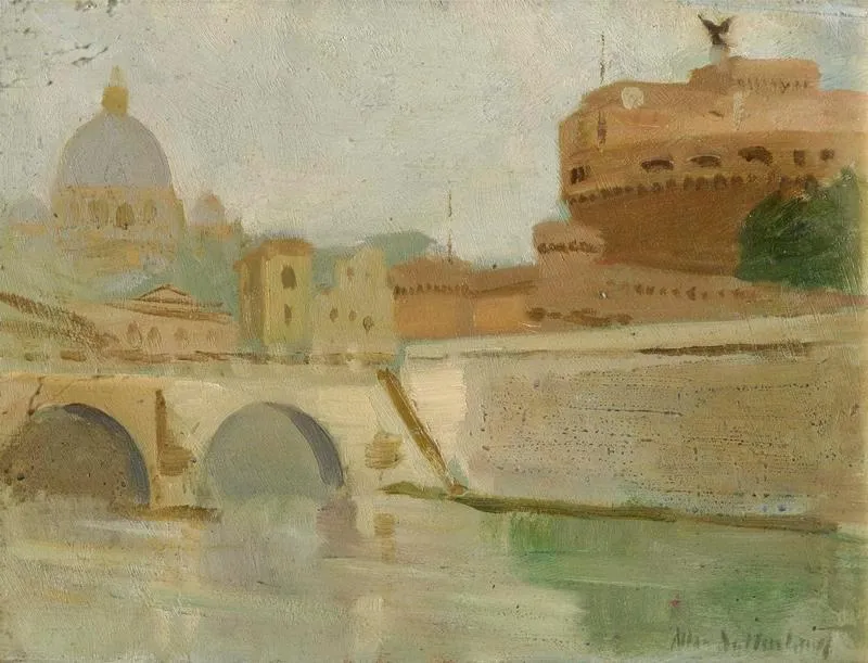 River Tiber and Castel Santangelo by Allan Newton Sutherland — original painting reproduced as a hand-painted oil on canvas