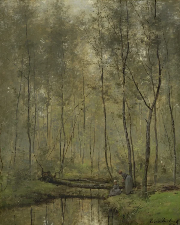 Riverbank (1873) by César de Cock — original painting reproduced as a hand-painted oil on canvas