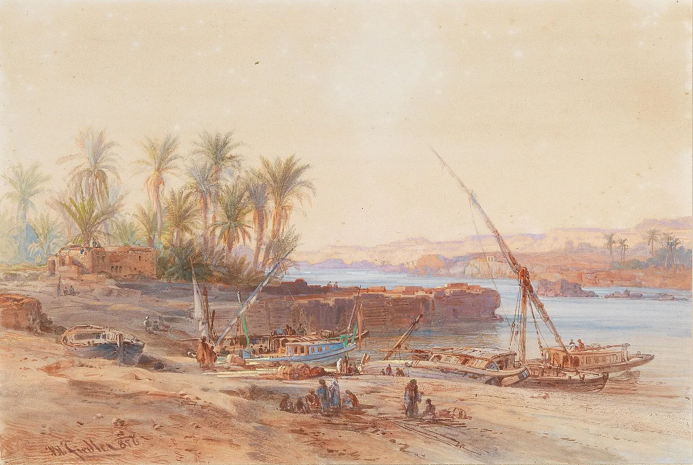 Riverboats on the Nile (1856) by Bernhard Fiedler — original painting reproduced as a hand-painted oil on canvas