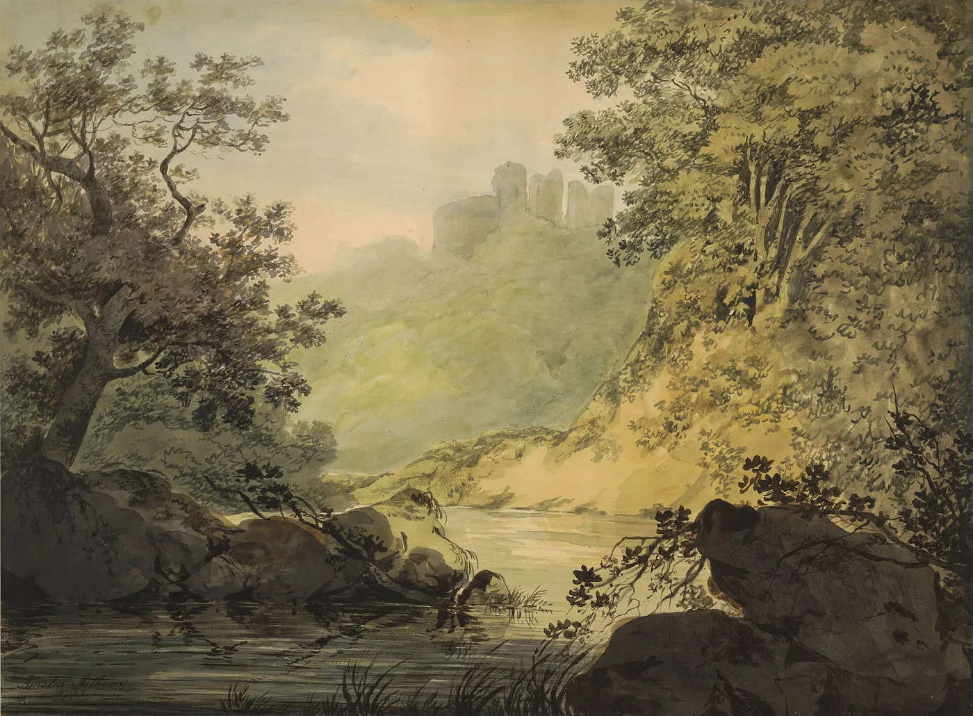 Riverside landscape with a castle in the distance (1793) by Amelia Hotham — original watercolour reproduced as a hand-painted oil on canvas