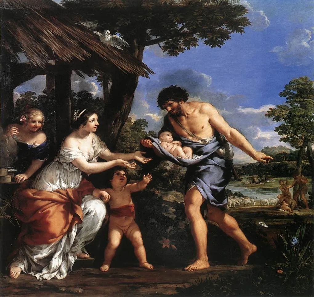 Romulus and Remus Sheltered by Faustulus (1643) by Pietro da Cortona — original painting reproduced as a hand-painted oil on canvas