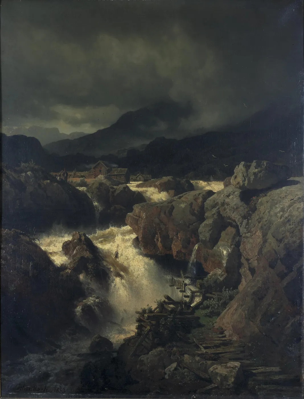 Rotslandschap met waterval in Noorwegen (1853) by Andreas Achenbach — original painting reproduced as a hand-painted oil on canvas