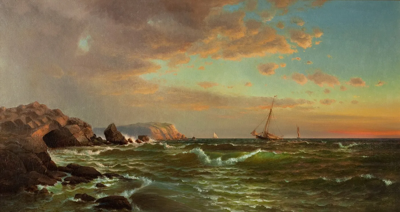 Sailing at Twilight (1877) by Francis A. Silva — original painting reproduced as a hand-painted oil on canvas