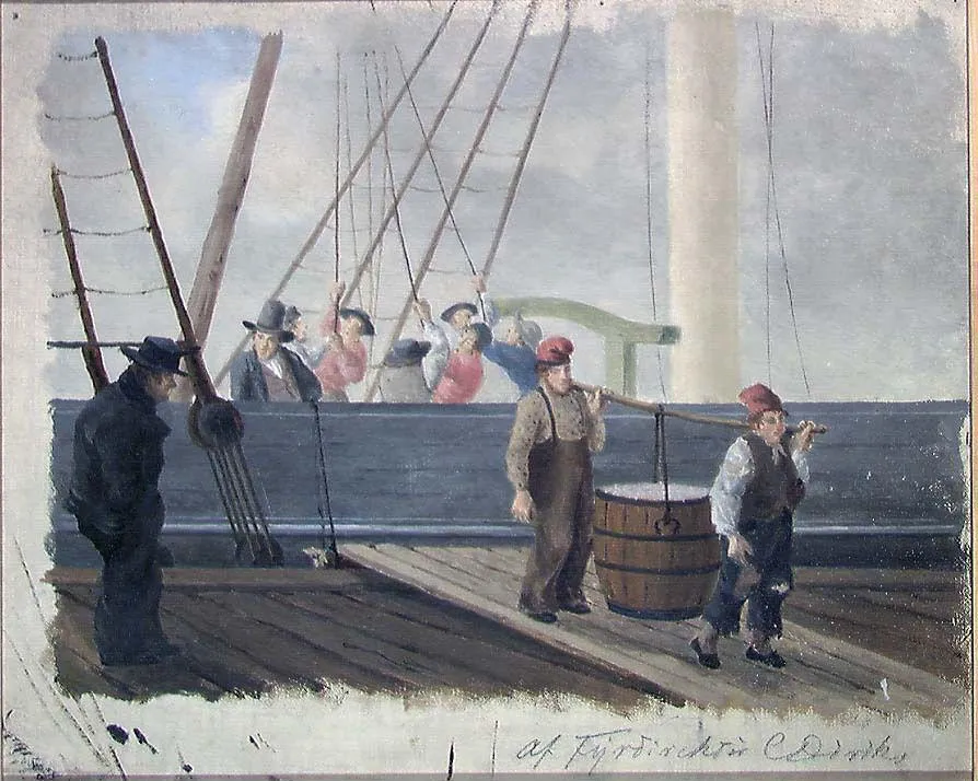 Sailship being unloaded at the Quai (1854) by Carl Fredrik Diriks — original painting reproduced as a hand-painted oil on canvas