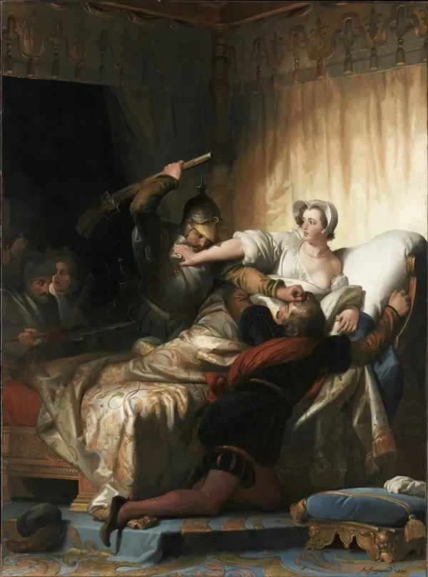 Saint-Bartholomew’s Day massacre - Marguerite de Valois protects her husband, the future king Henri IV (1836) by Alexandre-Évariste Fragonard — original painting reproduced as a hand-painted oil on canvas