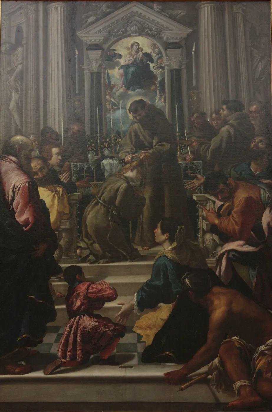 Saint François d’Assise coupant les cheveux de sainte Claire (1700) by Fra Semplice — original painting reproduced as a hand-painted oil on canvas